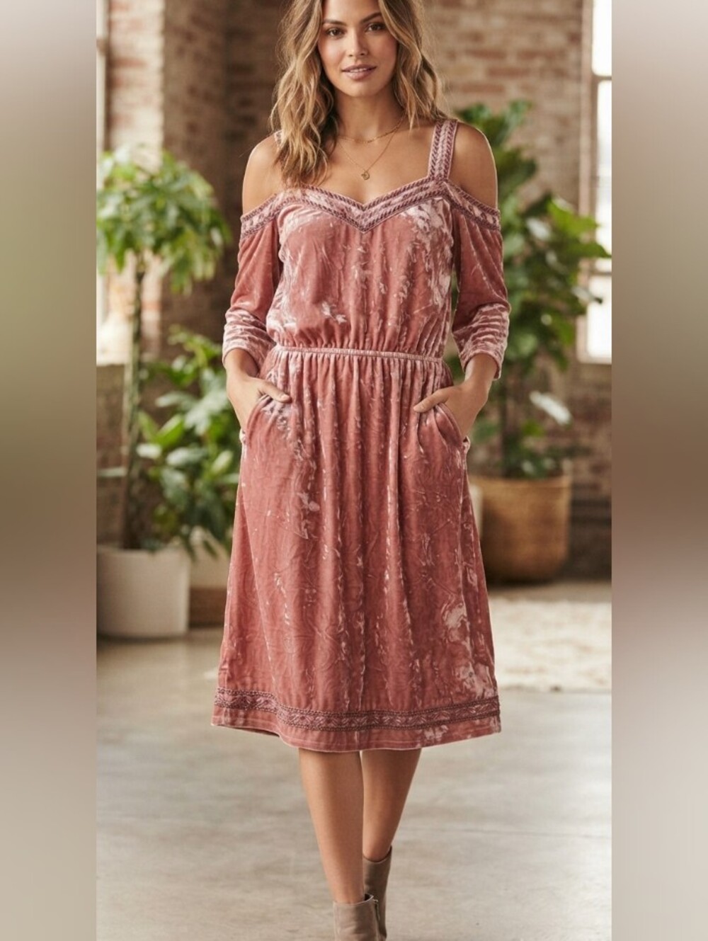Lucky Brand Dusty Pink Velvet Fairycore Whimsi Cold Shoulder Dress Size Medium